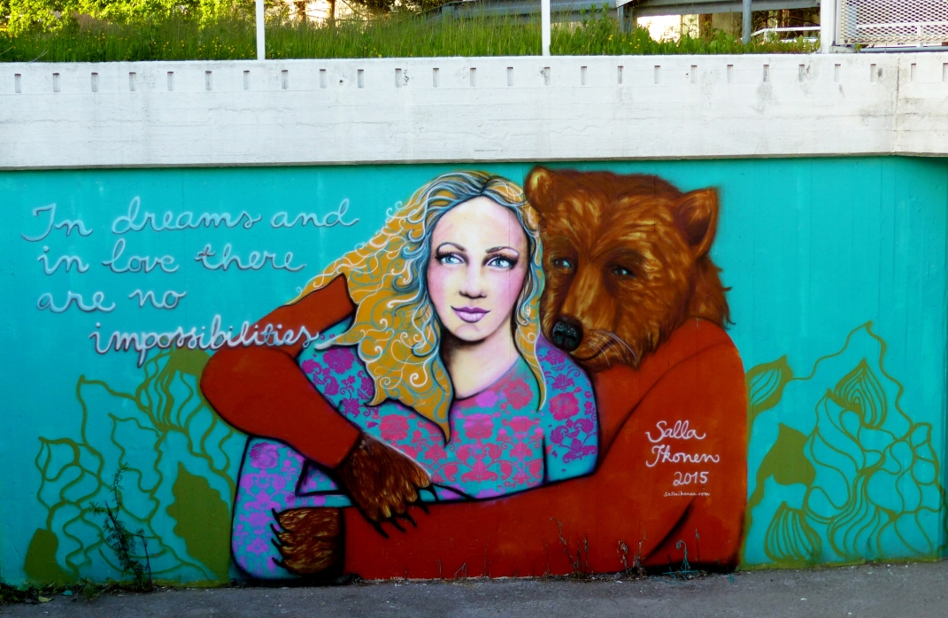 #SallaIkonen #Streetart #Finland #Myyrmäki #Vantaa #woman #bear #dreaming #love #graffiti #art #female #artist
